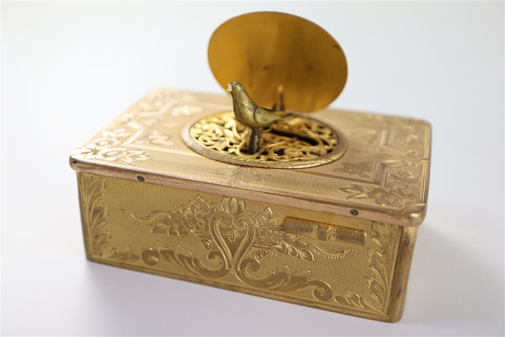 A late 19th century Swiss ormolu singing bird box, width 3.75in. depth 2.5in. height 1.25in.